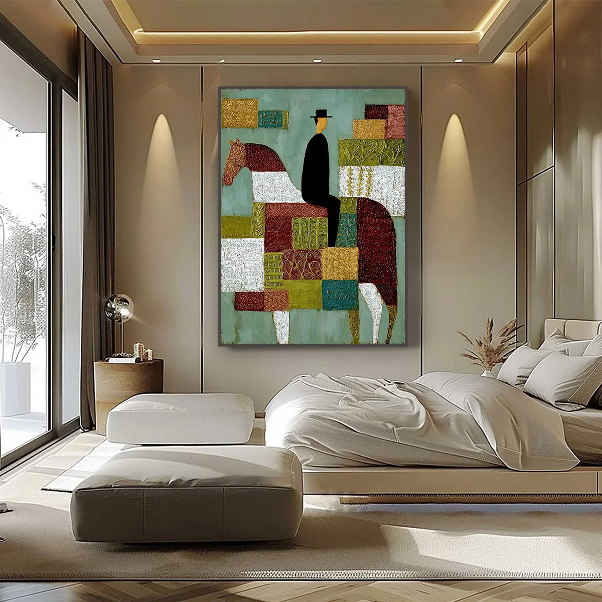 THE PATCHWORK RIDER: Textured Figurative Painting of a Man on a Horse | Figurative closeup, raised brushwork detail
