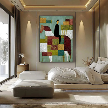 THE PATCHWORK RIDER: Textured Figurative Painting of a Man on a Horse | Figurative closeup, raised brushwork detail