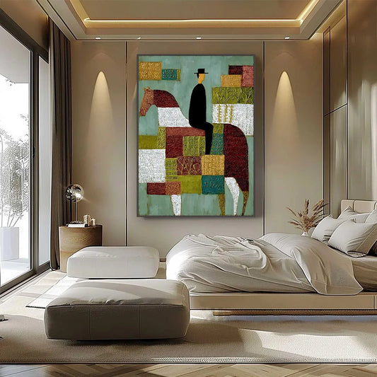 THE PATCHWORK RIDER: Textured Figurative Painting of a Man on a Horse