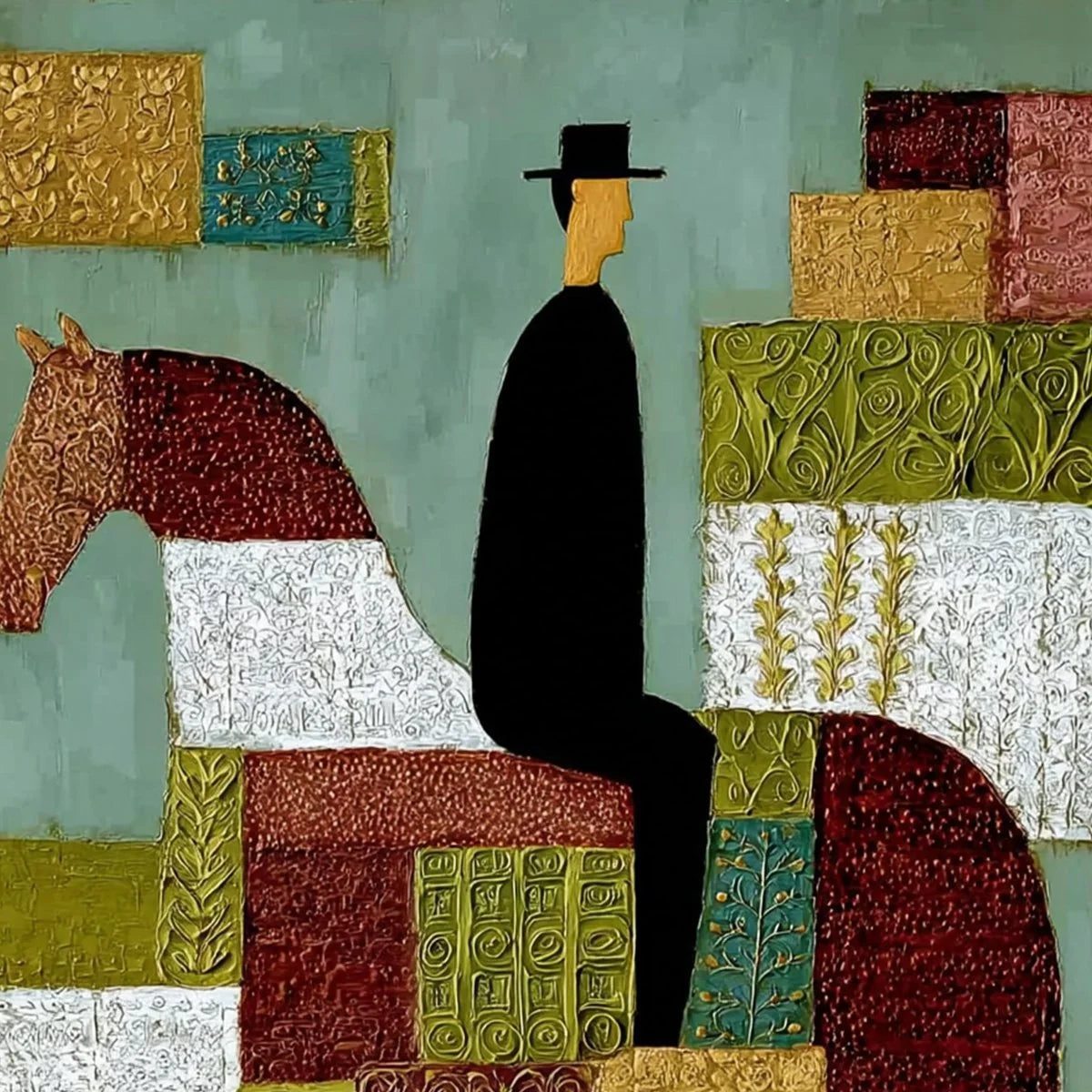 THE PATCHWORK RIDER: Textured Figurative Painting of a Man on a Horse | rectangular format, hand-painted canvas edge
