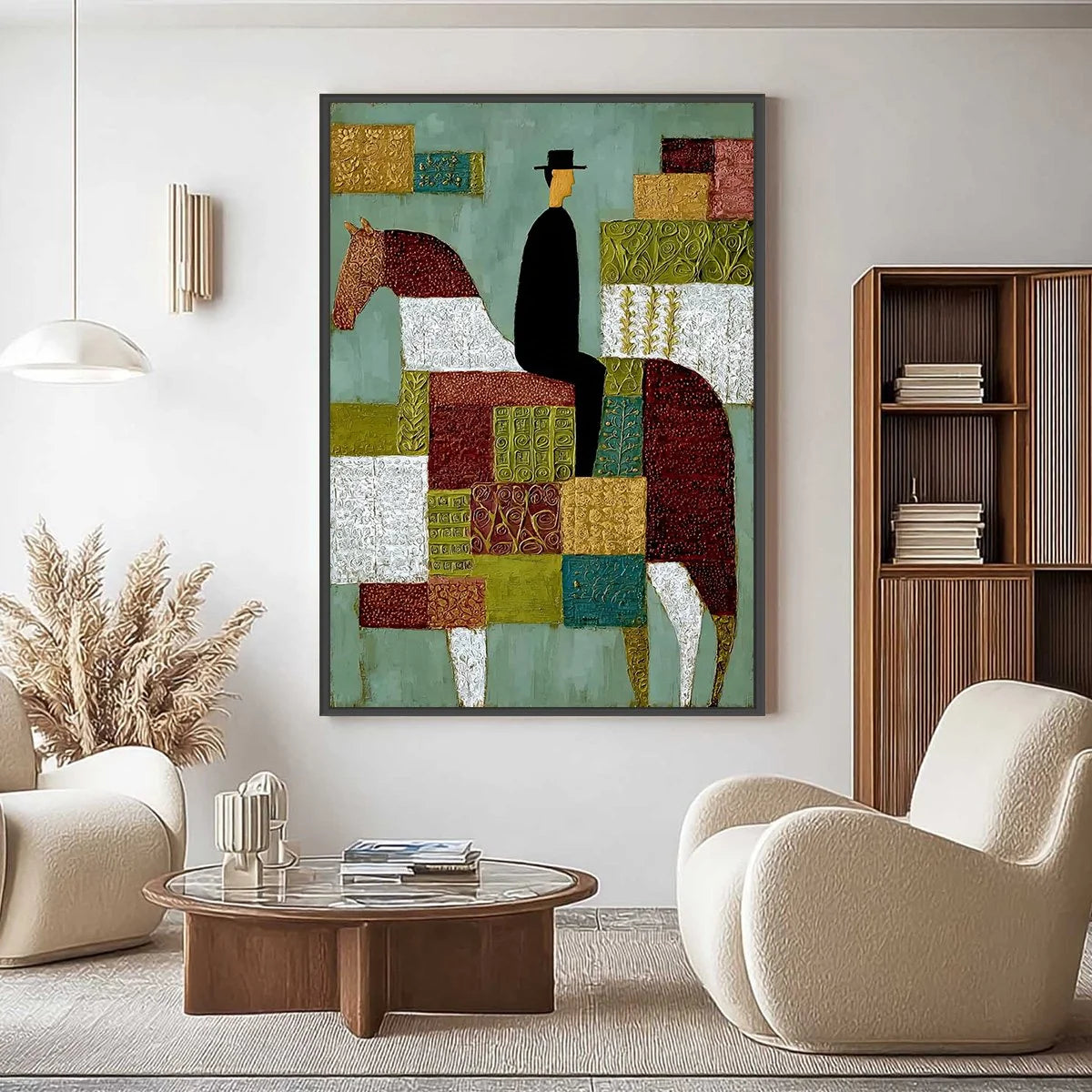 THE PATCHWORK RIDER: Textured Figurative Painting of a Man on a Horse | gold frame stretched on neutral wall