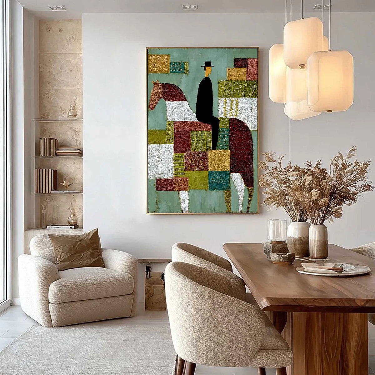 THE PATCHWORK RIDER: Textured Figurative Painting of a Man on a Horse | black frame version on white wall