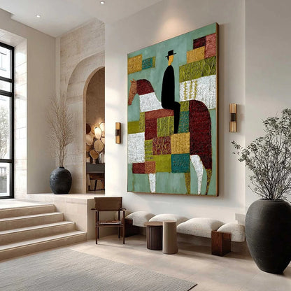 THE PATCHWORK RIDER: Textured Figurative Painting of a Man on a Horse | Figurative mood, soft natural light studio shot