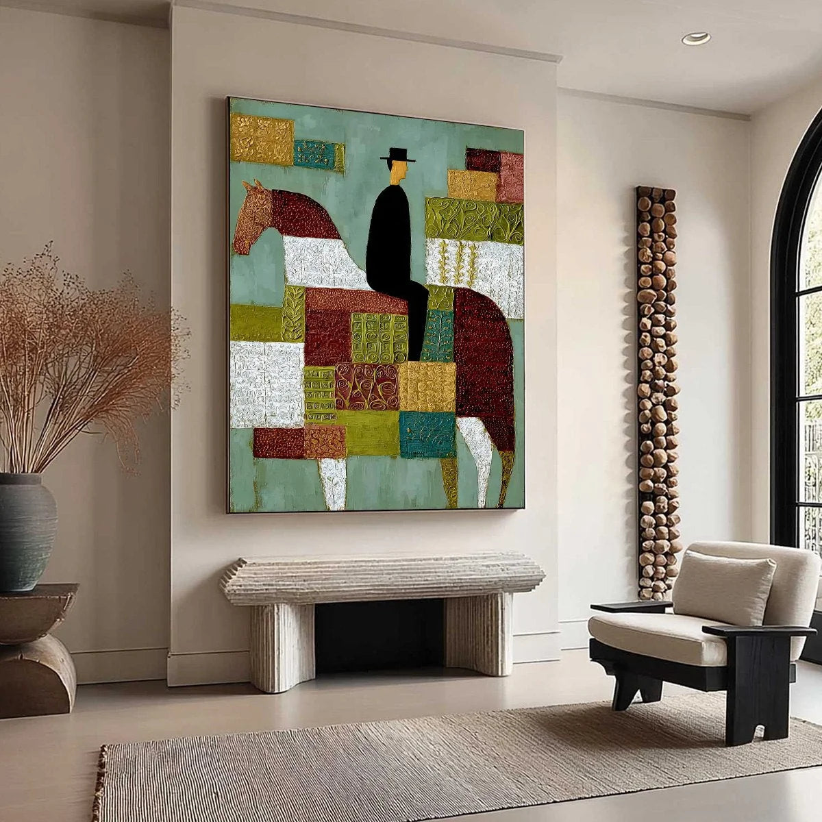 THE PATCHWORK RIDER: Textured Figurative Painting of a Man on a Horse | multi-color palette, original oil on stretched canvas art