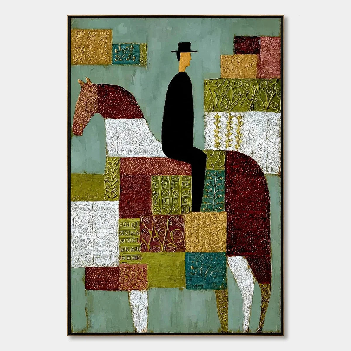 THE PATCHWORK RIDER: Textured Figurative Painting of a Man on a Horse | hanging in living room, Figurative wall art