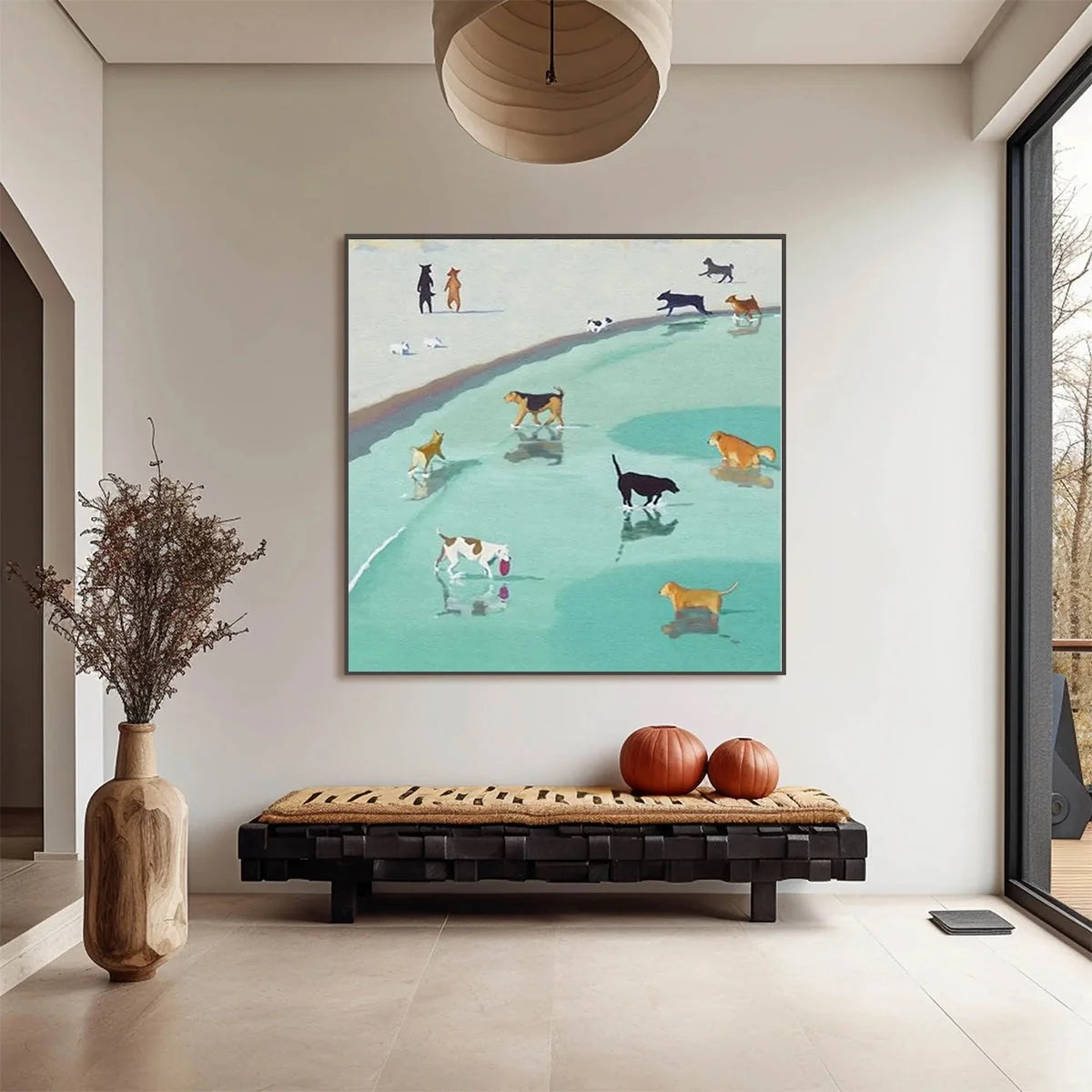 PAWS AT TIDE: Minimalist Dog Beach Scene Oil Painting | Minimalist closeup, raised brushwork detail