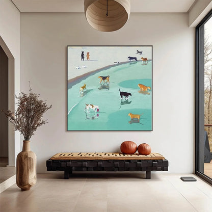 PAWS AT TIDE: Minimalist Dog Beach Scene Oil Painting | Minimalist closeup, raised brushwork detail