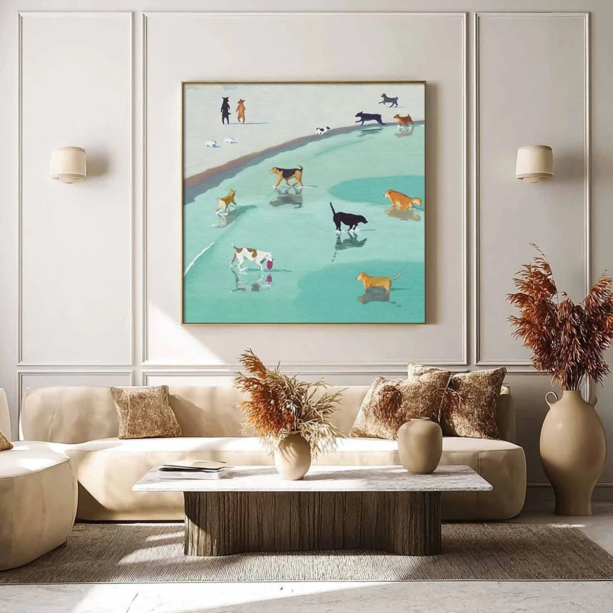 PAWS AT TIDE: Minimalist Dog Beach Scene Oil Painting | gold frame stretched on neutral wall