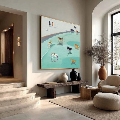 PAWS AT TIDE: Minimalist Dog Beach Scene Oil Painting | rolled canvas, ready for custom framing