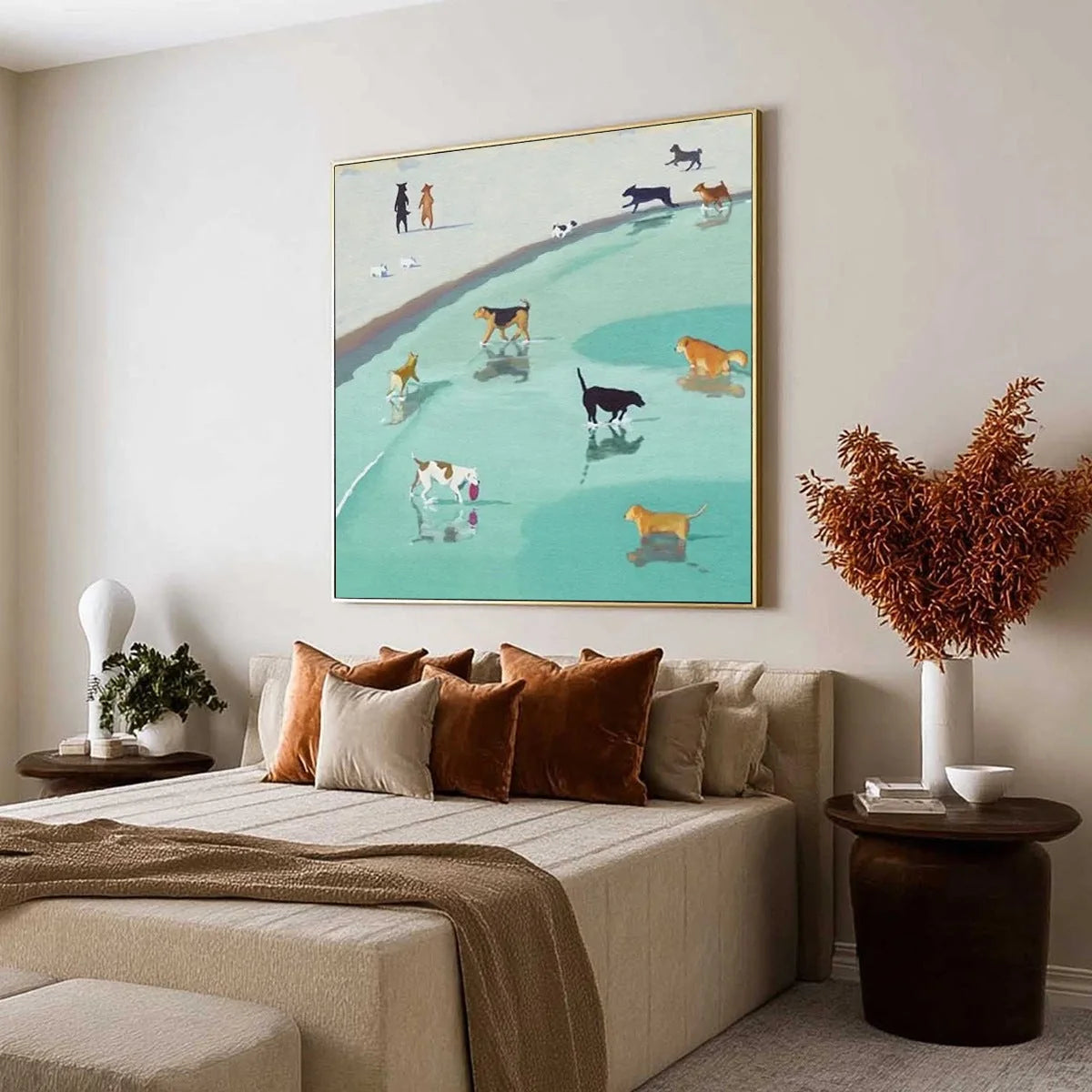 PAWS AT TIDE: Minimalist Dog Beach Scene Oil Painting | black frame version on white wall