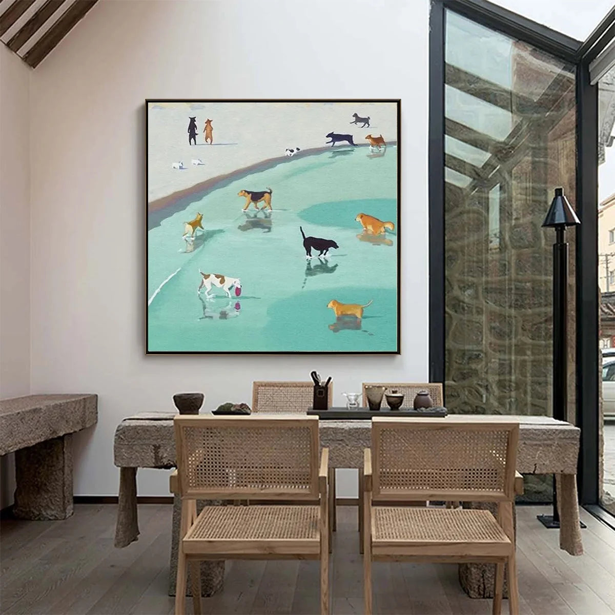 PAWS AT TIDE: Minimalist Dog Beach Scene Oil Painting | multi-color palette, original oil on stretched canvas art