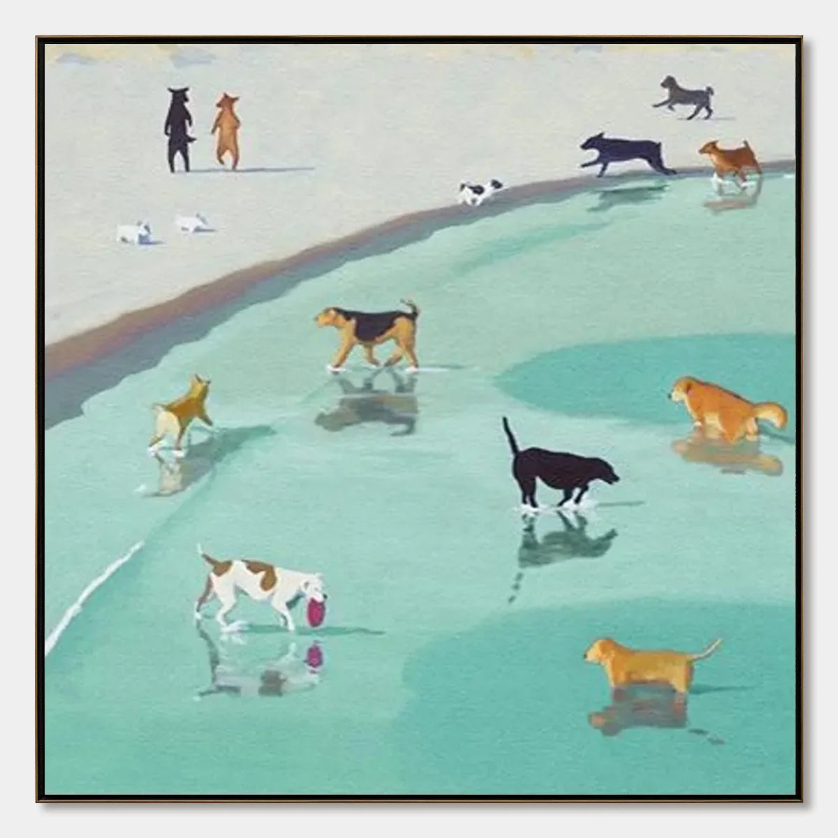 PAWS AT TIDE: Minimalist Dog Beach Scene Oil Painting | hanging in living room, Minimalist wall art