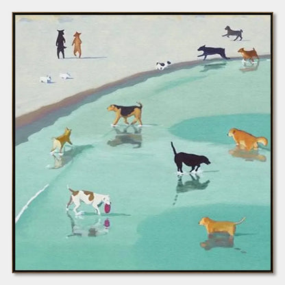 PAWS AT TIDE: Minimalist Dog Beach Scene Oil Painting | hanging in living room, Minimalist wall art