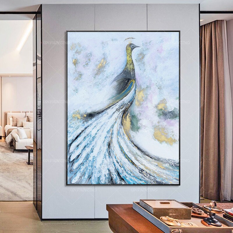 Peacock gold decor painting Abstract modern art Animal acrylic painting framed w #2