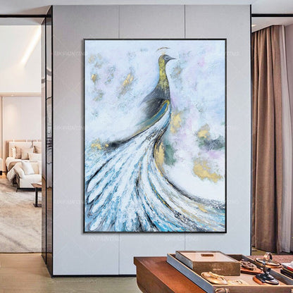 Peacock gold decor painting Abstract modern art Animal acrylic painting framed w #2