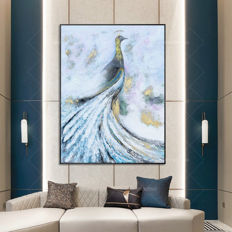 Peacock gold decor painting Abstract modern art Animal acrylic painting framed w #3