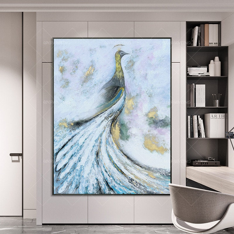 Peacock gold decor painting Abstract modern art Animal acrylic painting framed w #5