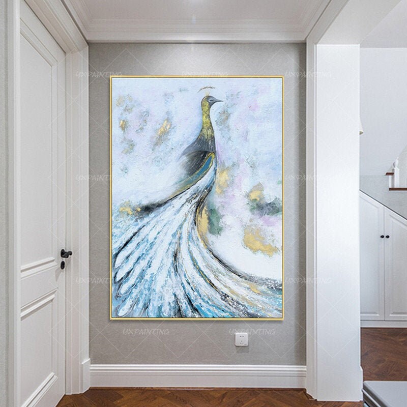 Peacock gold decor painting Abstract modern art Animal acrylic painting framed w #6