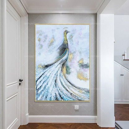 Peacock gold decor painting Abstract modern art Animal acrylic painting framed w #6