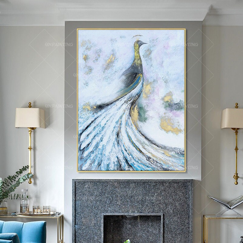 Peacock gold decor painting Abstract modern art Animal acrylic painting framed w #7