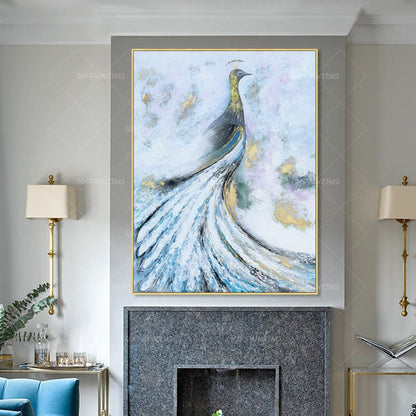 Peacock gold decor painting Abstract modern art Animal acrylic painting framed w #7