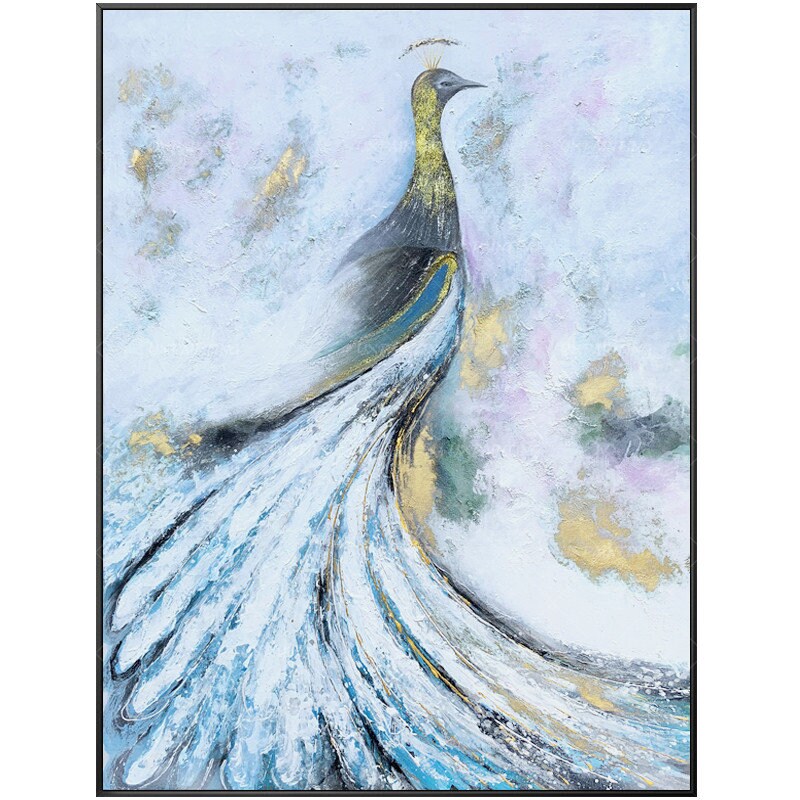 Peacock gold decor painting Abstract modern art Animal acrylic painting framed w #8