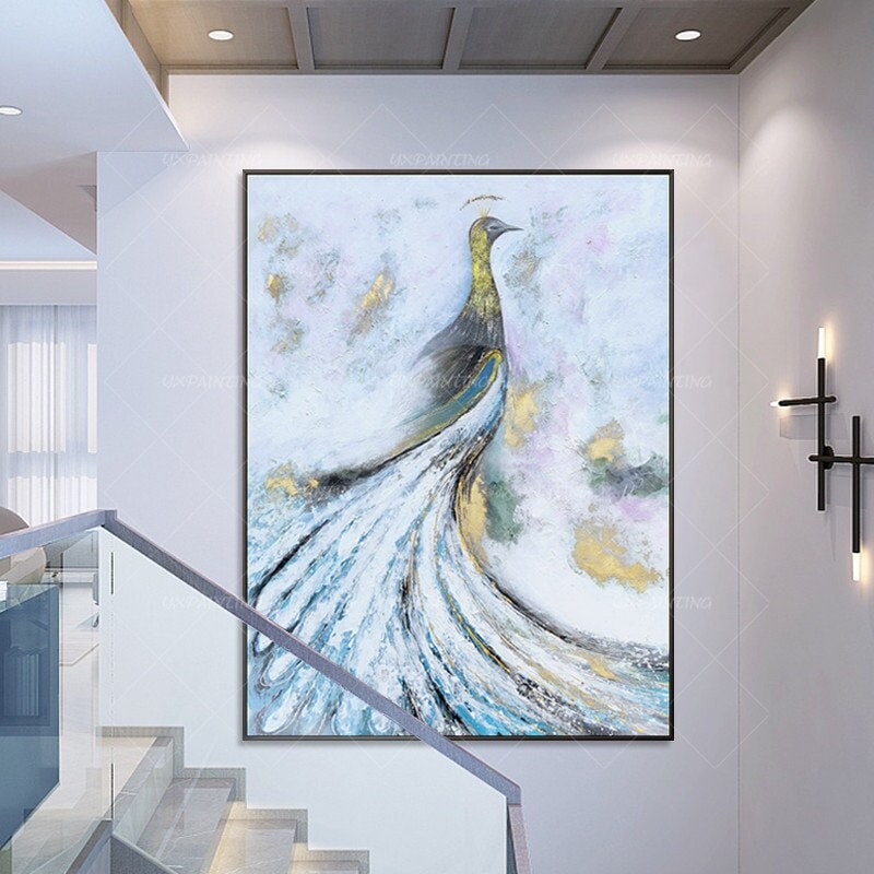 Peacock gold decor painting Abstract modern art Animal acrylic painting framed w #1