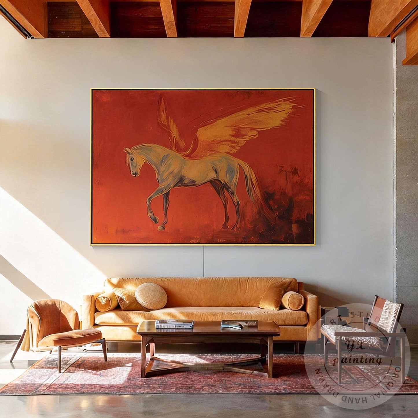 Pegasus Wall Art Canvas, Abstract Mythical Horse Painting, Red Dramatic Backgrou #3