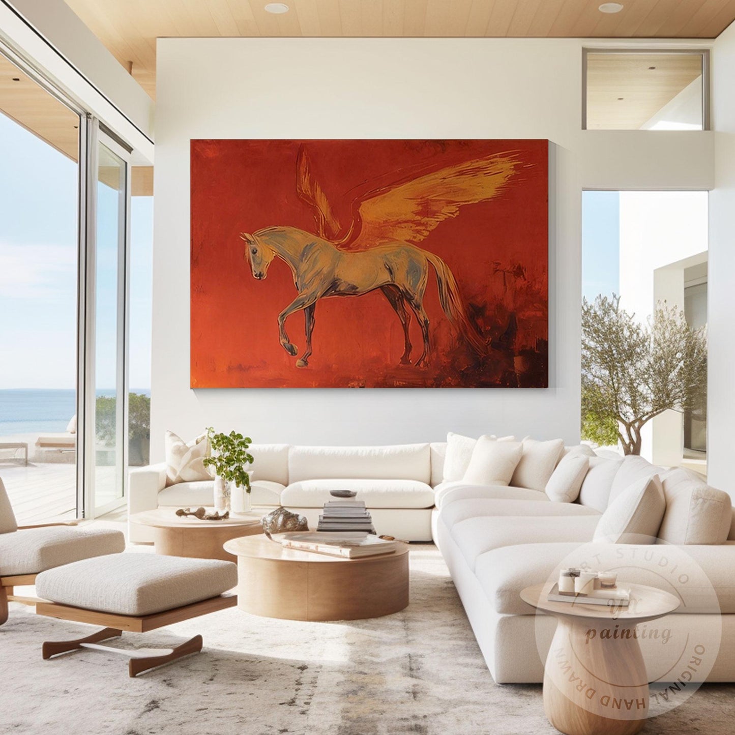 Pegasus Wall Art Canvas, Abstract Mythical Horse Painting, Red Dramatic Backgrou #4