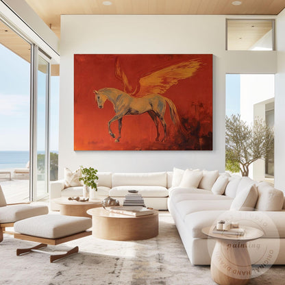 Pegasus Wall Art Canvas, Abstract Mythical Horse Painting, Red Dramatic Backgrou #4