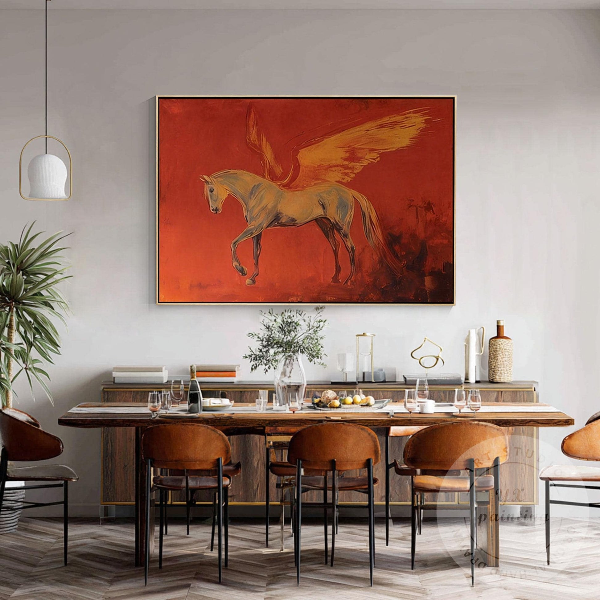 Pegasus Wall Art Canvas, Abstract Mythical Horse Painting, Red Dramatic Backgrou #5
