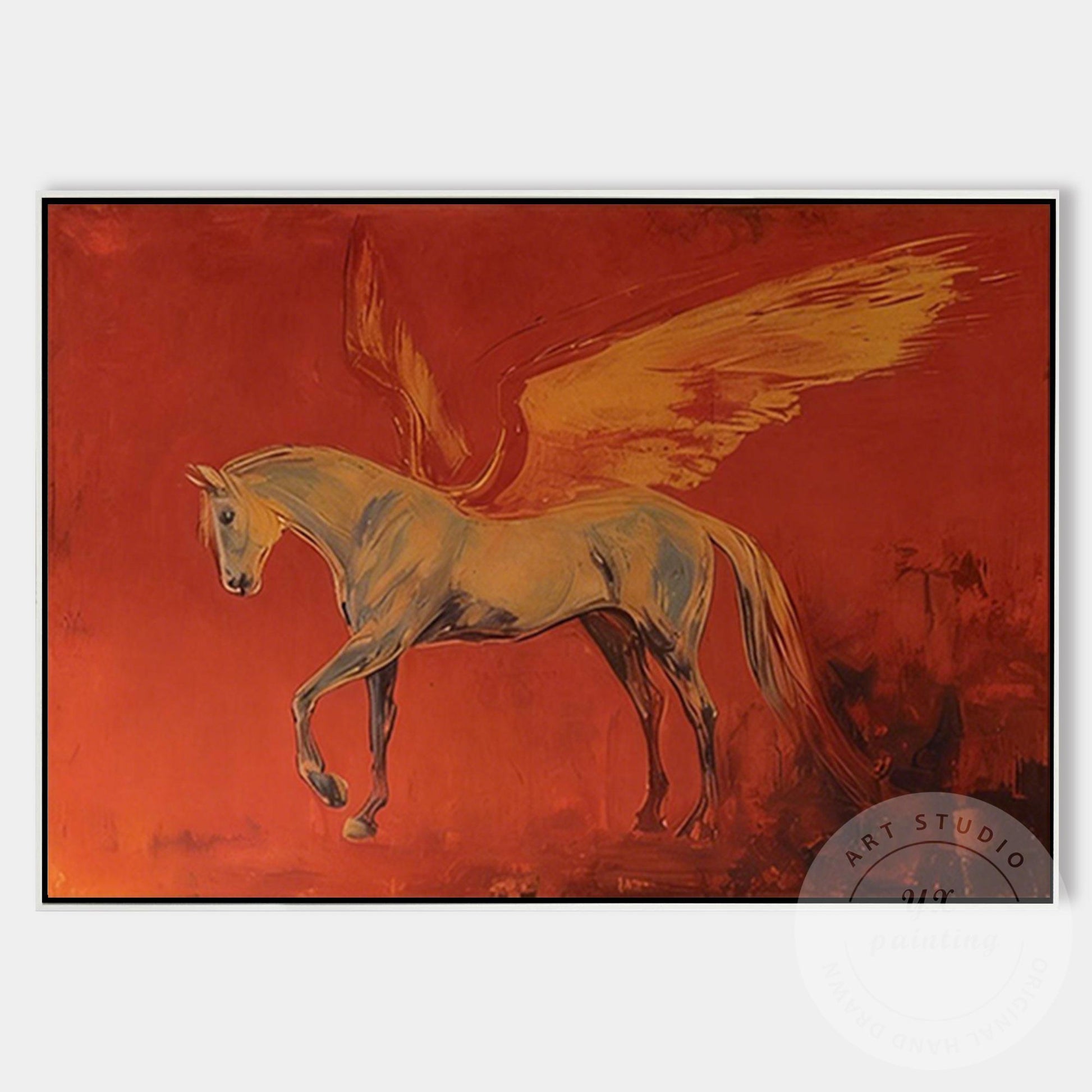 Pegasus Wall Art Canvas, Abstract Mythical Horse Painting, Red Dramatic Backgrou #6