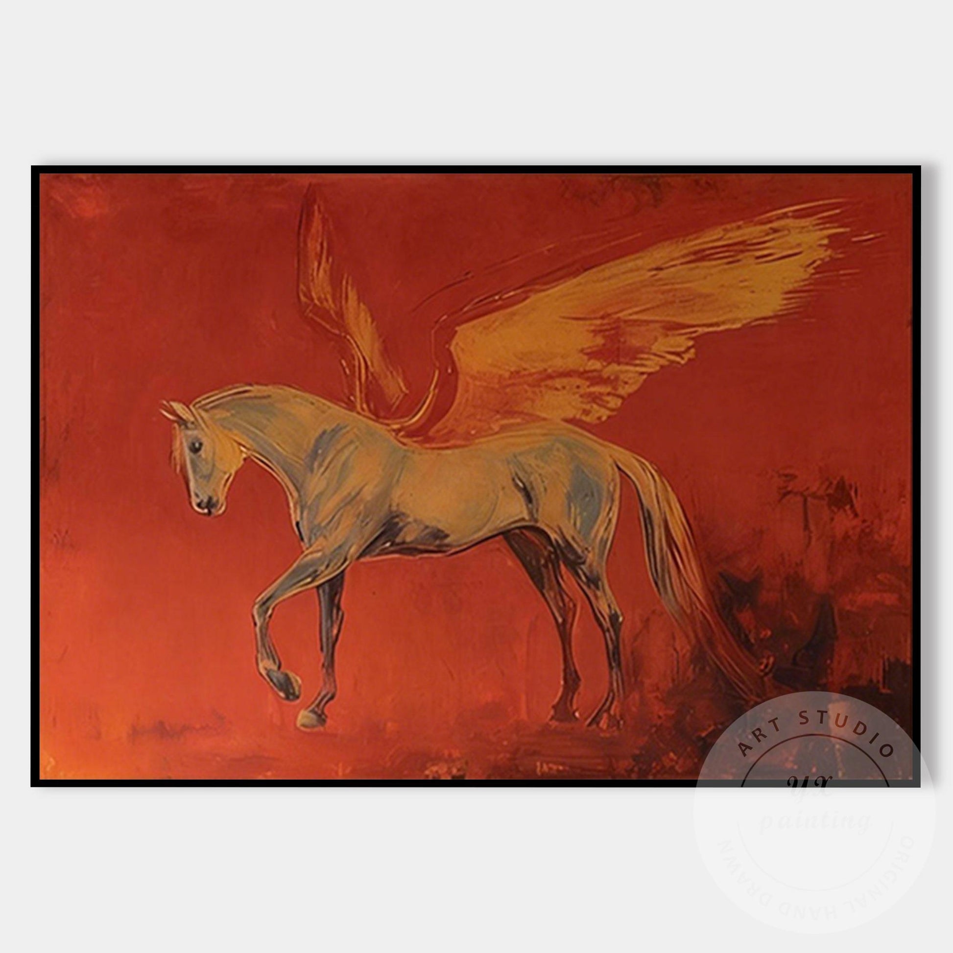 Pegasus Wall Art Canvas, Abstract Mythical Horse Painting, Red Dramatic Backgrou #7
