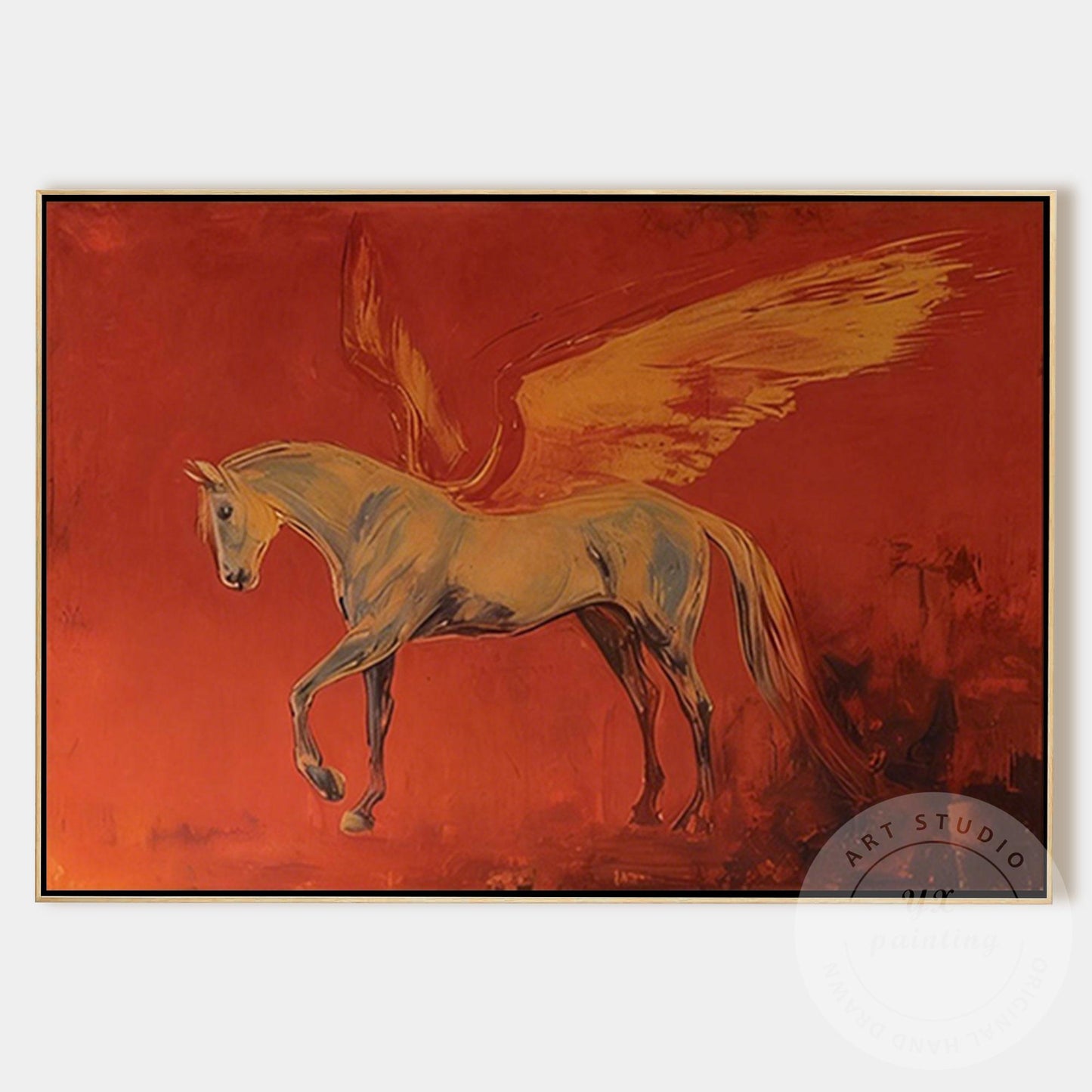 Pegasus Wall Art Canvas, Abstract Mythical Horse Painting, Red Dramatic Backgrou #9