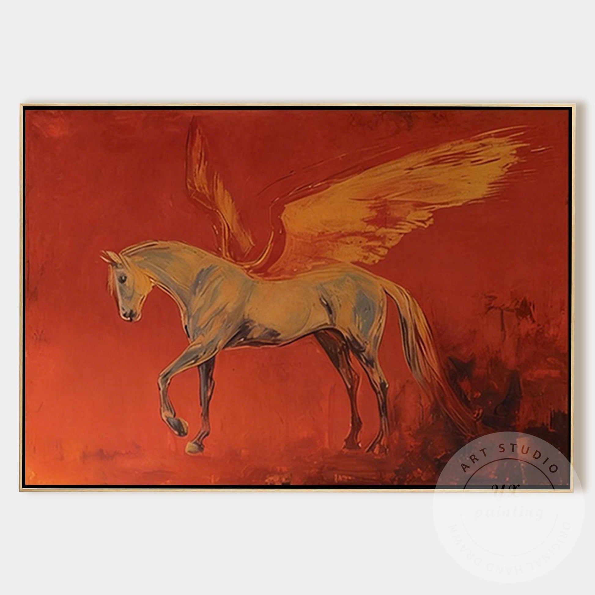 Pegasus Wall Art Canvas, Abstract Mythical Horse Painting, Red Dramatic Backgrou #9