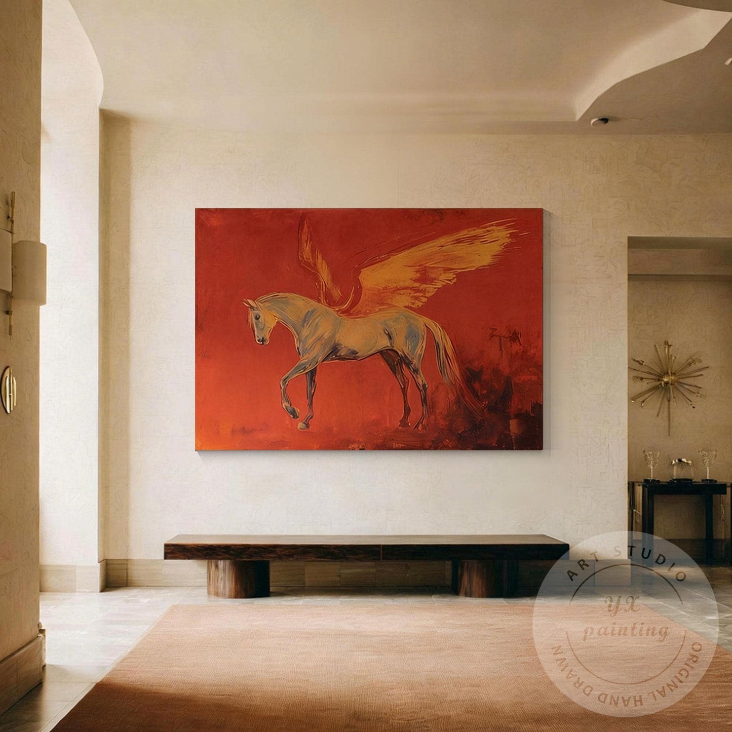 Pegasus Wall Art Canvas, Abstract Mythical Horse Painting, Red Dramatic Backgrou #1