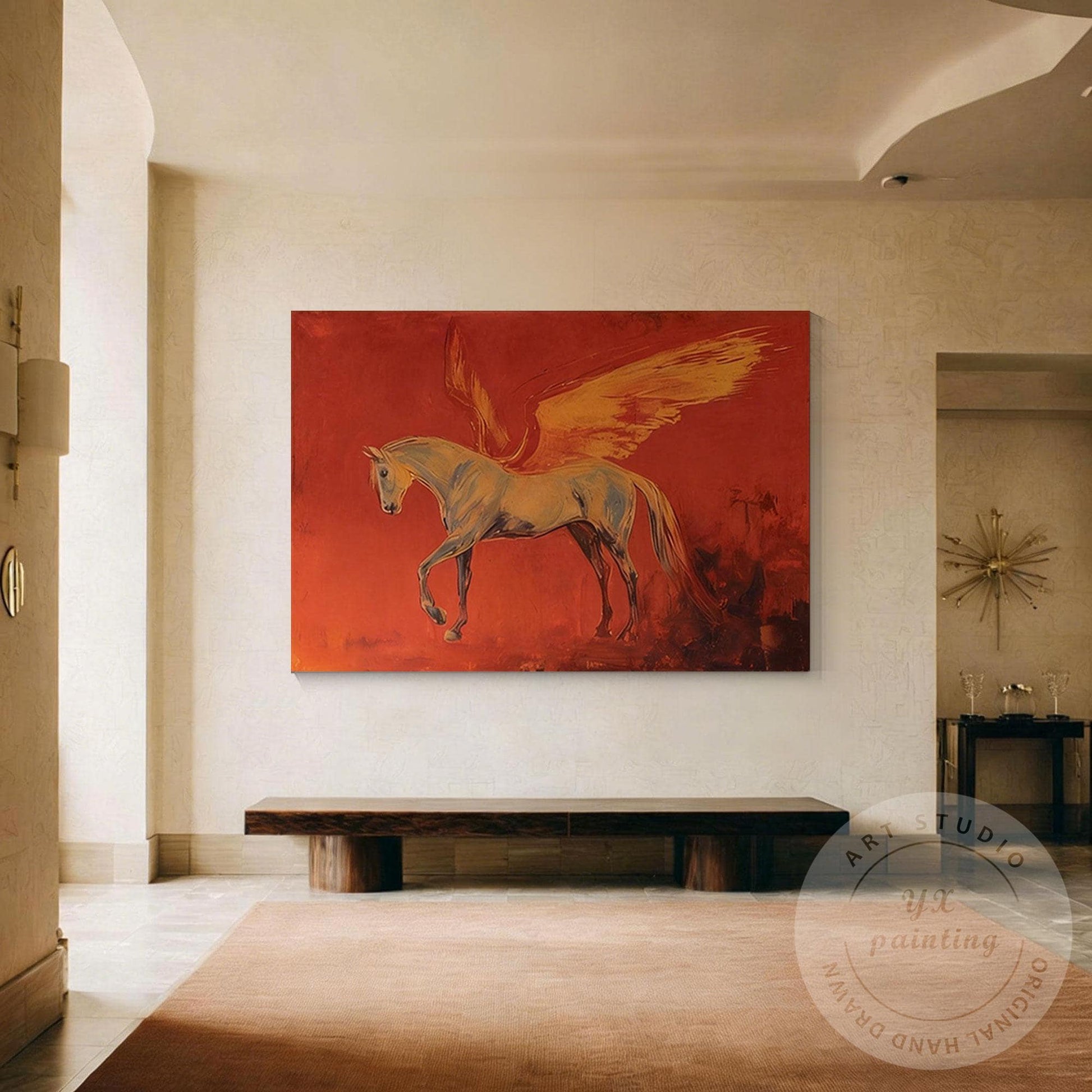 Pegasus Wall Art Canvas, Abstract Mythical Horse Painting, Red Dramatic Backgrou #1