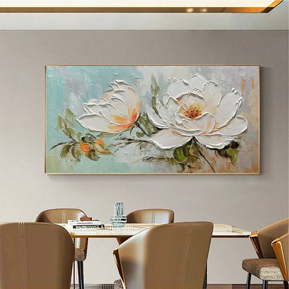 PEONY HARMONY: Impasto Peony Painting in Soft White and Peach | Abstract closeup, raised brushwork detail