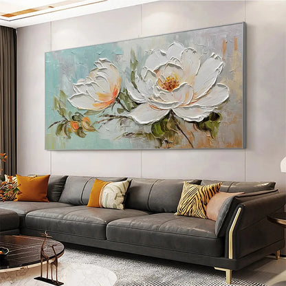 PEONY HARMONY: Impasto Peony Painting in Soft White and Peach | gold frame stretched on neutral wall