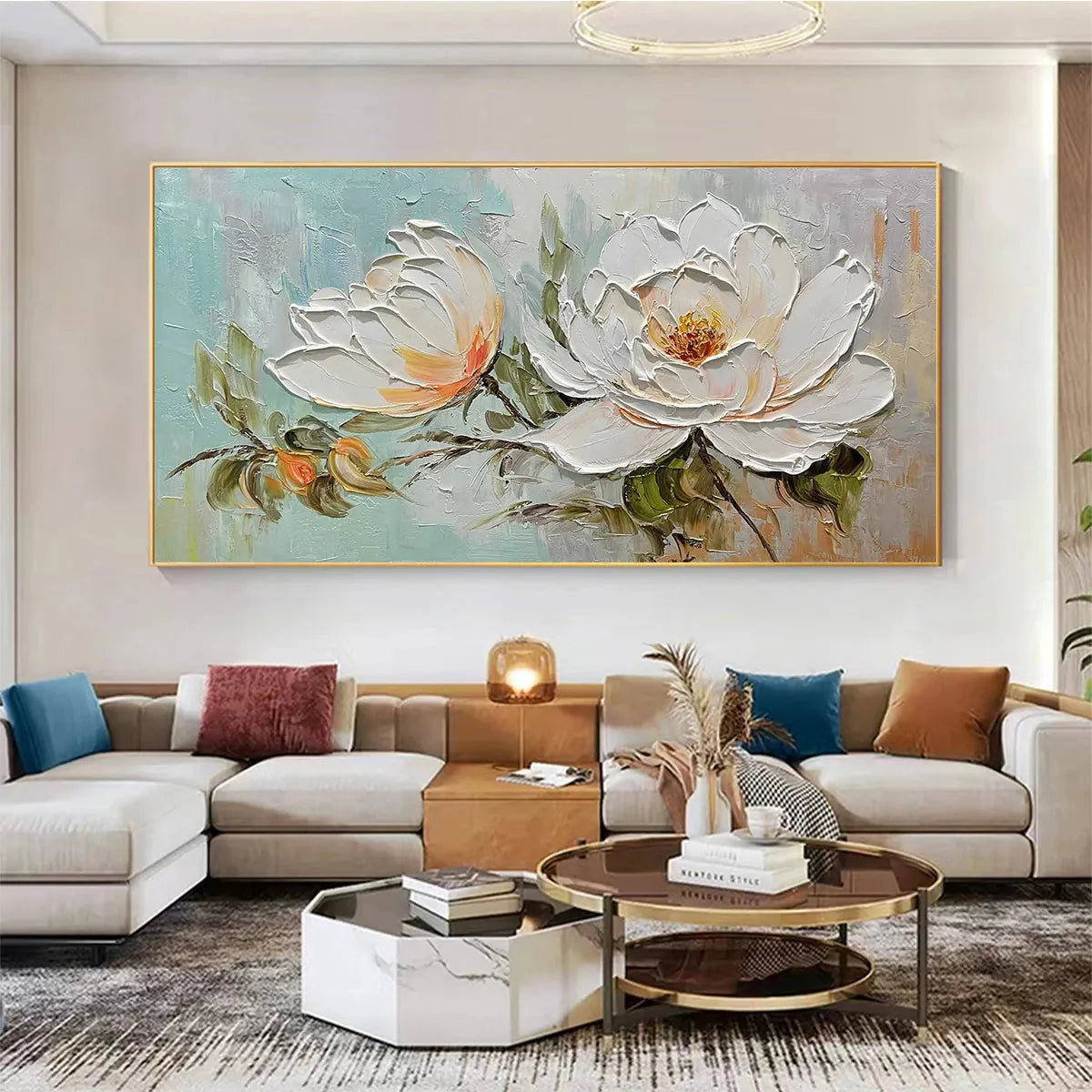 PEONY HARMONY: Impasto Peony Painting in Soft White and Peach | black frame version on white wall