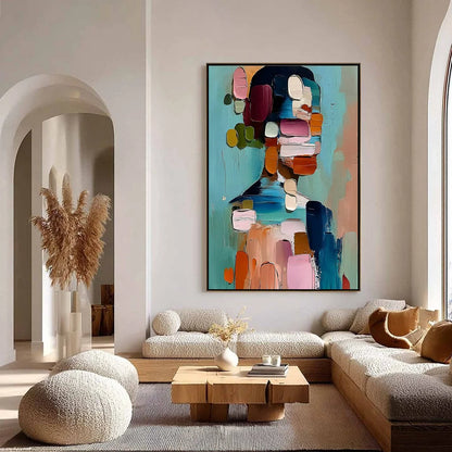 Personal  Textured Abstract Portrait Impasto Oil Painting | gold frame stretched on neutral wall