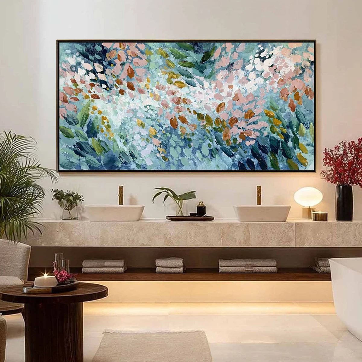 PETAL CASCADE: Colorful Abstract Floral Impasto Wall Art | gold frame stretched on neutral wall