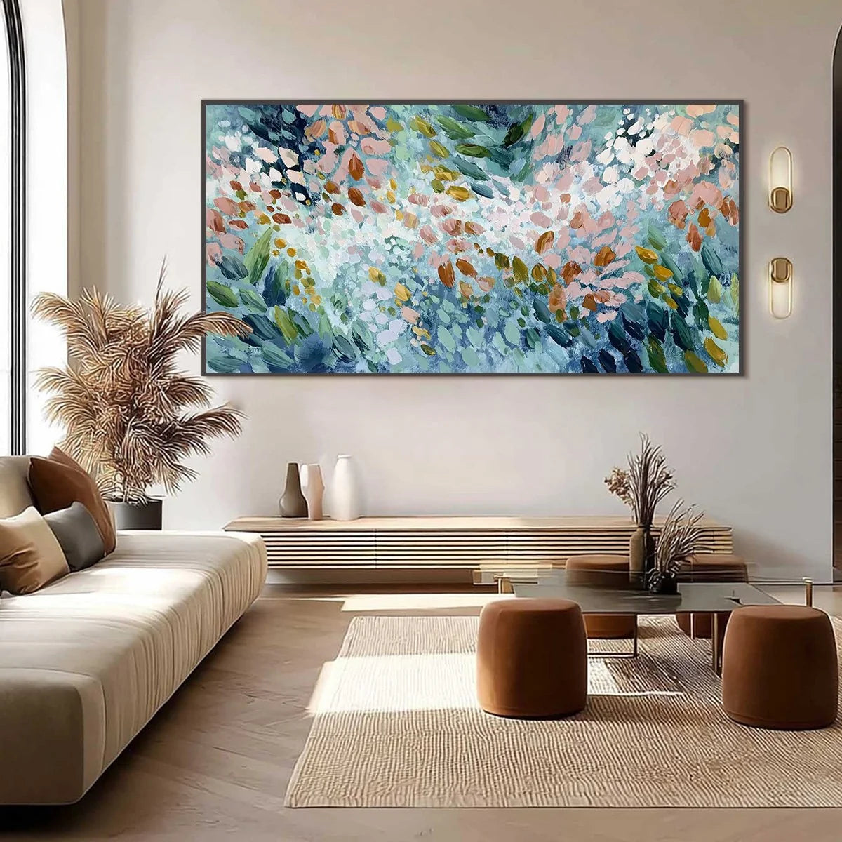 PETAL CASCADE: Colorful Abstract Floral Impasto Wall Art | black frame version on white wall