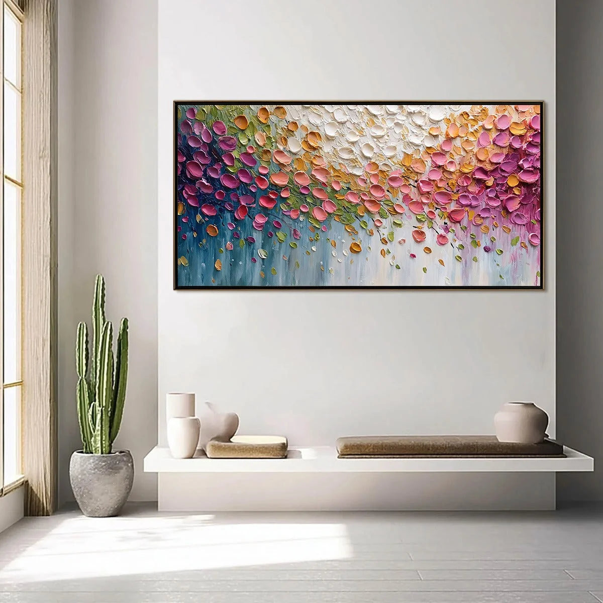 PETAL CASCADE: Colorful Textured Floral Impasto Wall Art | gold frame stretched on neutral wall