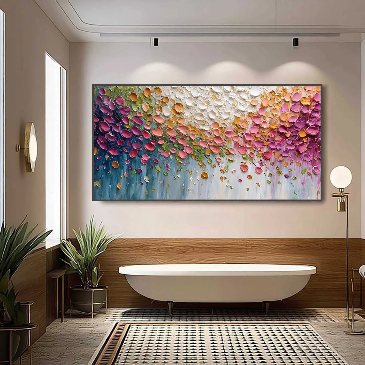PETAL CASCADE: Colorful Textured Floral Impasto Wall Art | black frame version on white wall