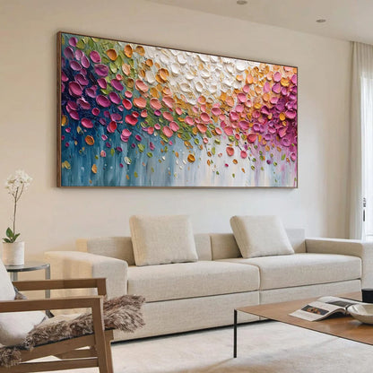PETAL CASCADE: Colorful Textured Floral Impasto Wall Art | Abstract mood, soft natural light studio shot