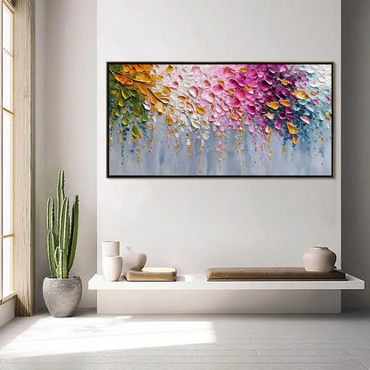 PETAL-RAIN-Heavy-Texture-Impasto-Floral-Abstract | gold frame stretched on neutral wall