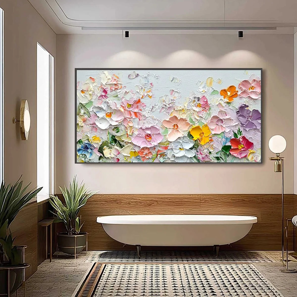 PETAL RAIN: Textured Impasto Floral Painting | gold frame stretched on neutral wall