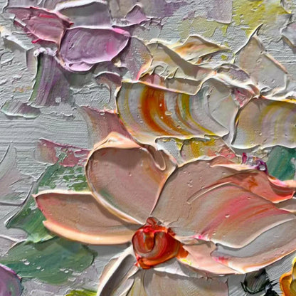 PETAL RAIN: Textured Impasto Floral Painting | black frame version on white wall