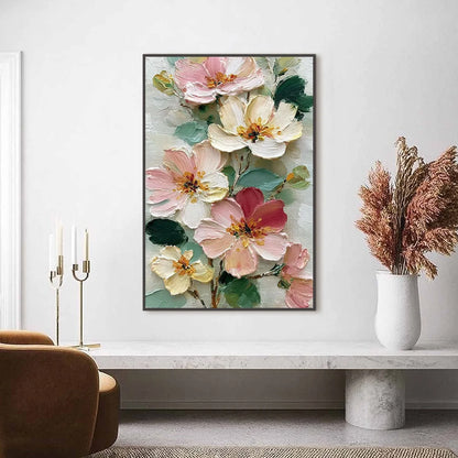 PETAL SERENADE: Vertical Textured Impasto Floral Oil Painting | gold frame stretched on neutral wall